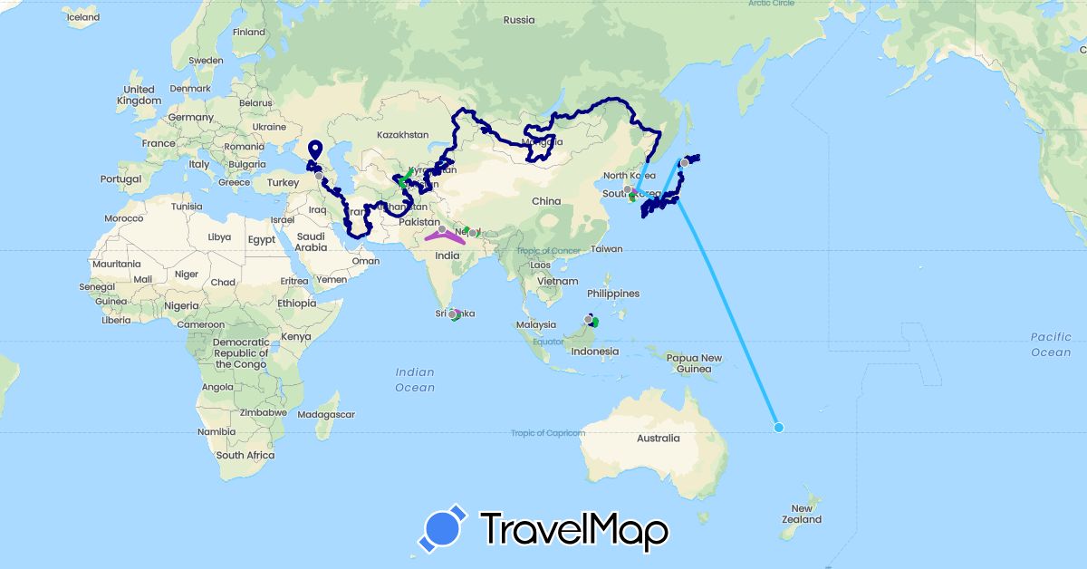 TravelMap itinerary: driving, bus, plane, train, hiking, boat, hitchhiking, motorbike, horseriding, tuktuk in Afghanistan, Armenia, France, Georgia, India, Iran, Japan, Kyrgyzstan, South Korea, Kazakhstan, Sri Lanka, Mongolia, Malaysia, Nepal, Russia, Tajikistan, Uzbekistan (Asia, Europe)