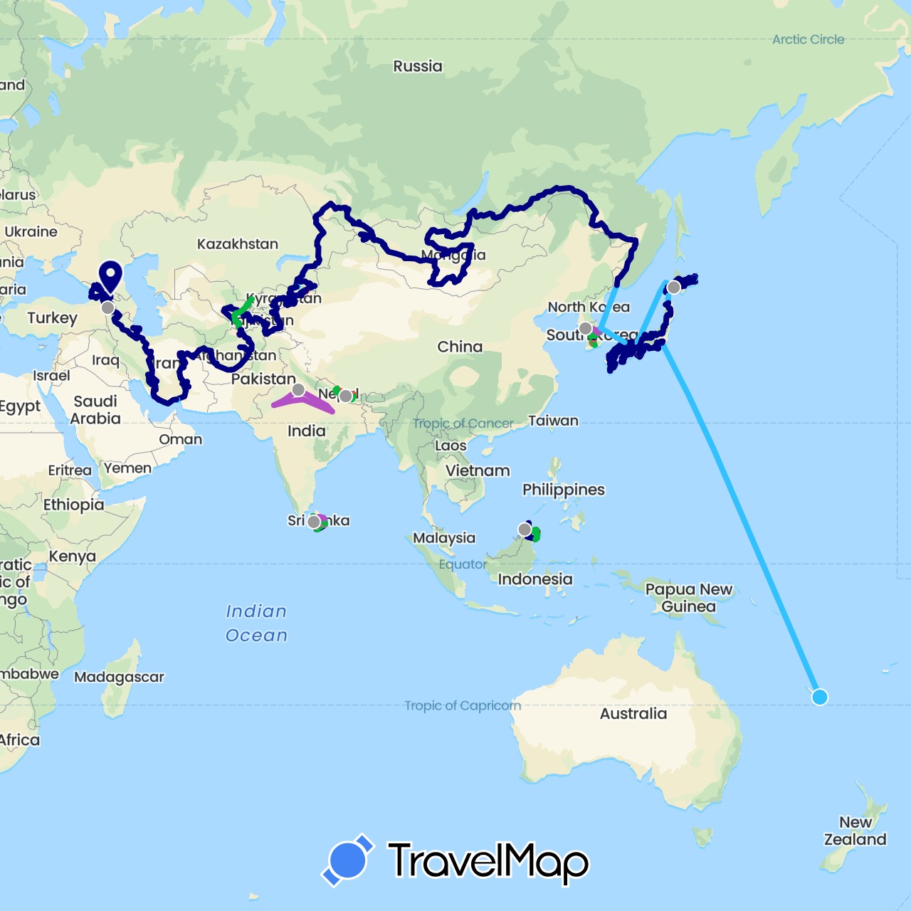 TravelMap itinerary: driving, bus, plane, train, hiking, boat, hitchhiking, motorbike, horseriding, tuktuk in Afghanistan, Armenia, France, Georgia, India, Iran, Japan, Kyrgyzstan, South Korea, Kazakhstan, Sri Lanka, Mongolia, Malaysia, Nepal, Russia, Tajikistan, Uzbekistan (Asia, Europe)