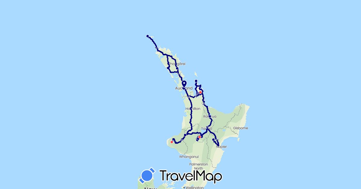 TravelMap itinerary: driving, hiking in New Zealand (Oceania)