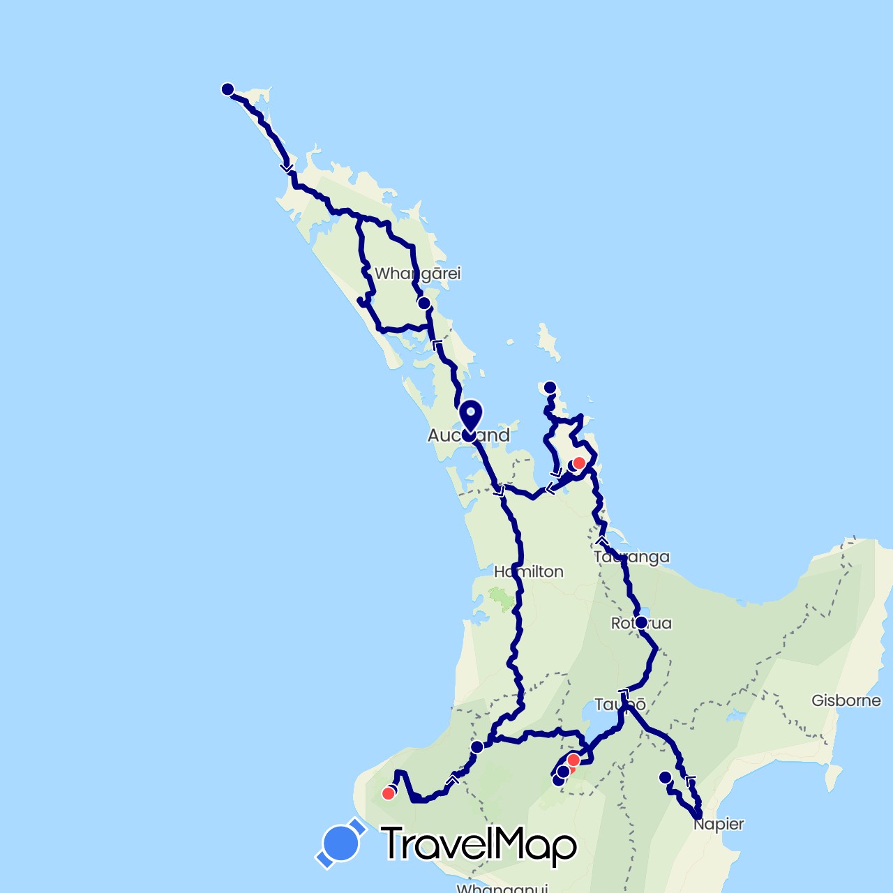 TravelMap itinerary: driving, hiking in New Zealand (Oceania)