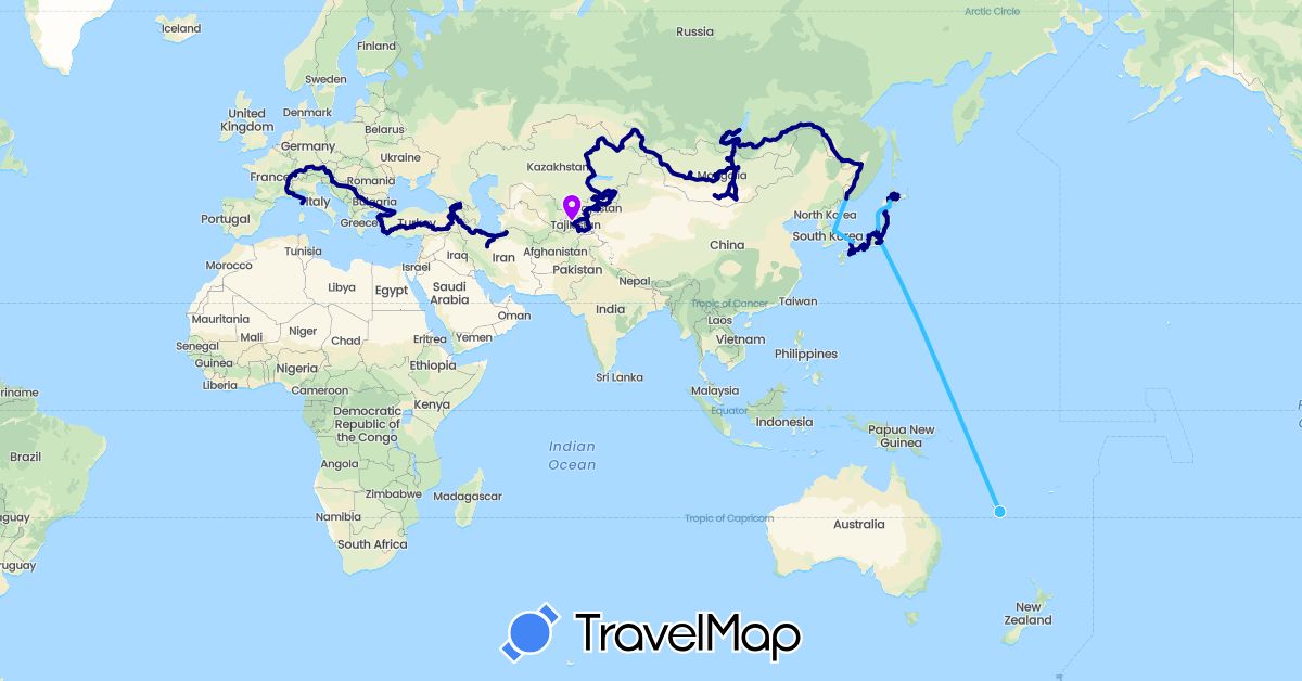 TravelMap itinerary: driving, plane, boat, plana2 in France, Georgia, Iran, Japan, Kyrgyzstan, South Korea, Kazakhstan, Mongolia, Russia, Tajikistan, Turkey (Asia, Europe)